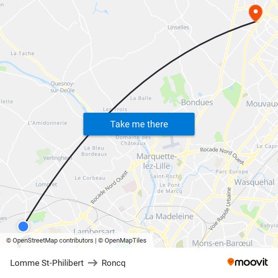 Lomme St-Philibert to Roncq map