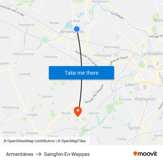 Armentières to Sainghin-En-Weppes map