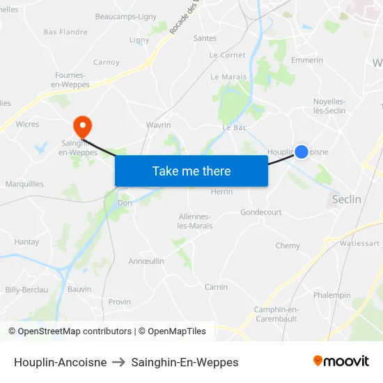 Houplin-Ancoisne to Sainghin-En-Weppes map