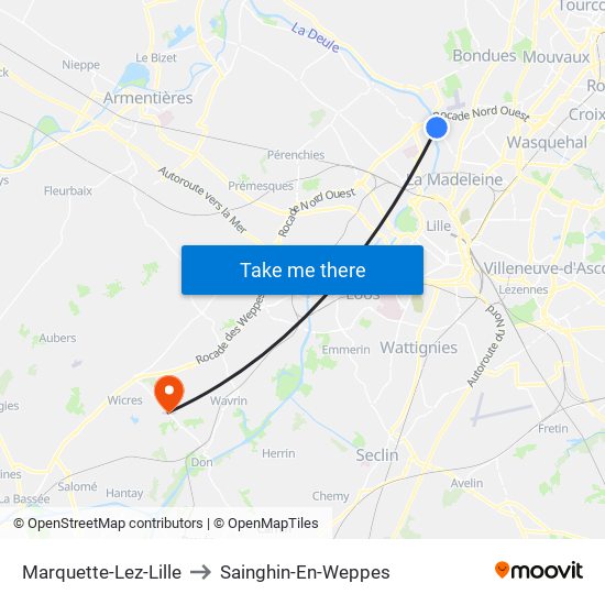 Marquette-Lez-Lille to Sainghin-En-Weppes map