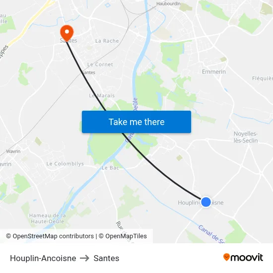 Houplin-Ancoisne to Santes map