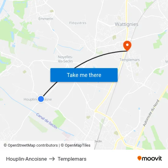 Houplin-Ancoisne to Templemars map