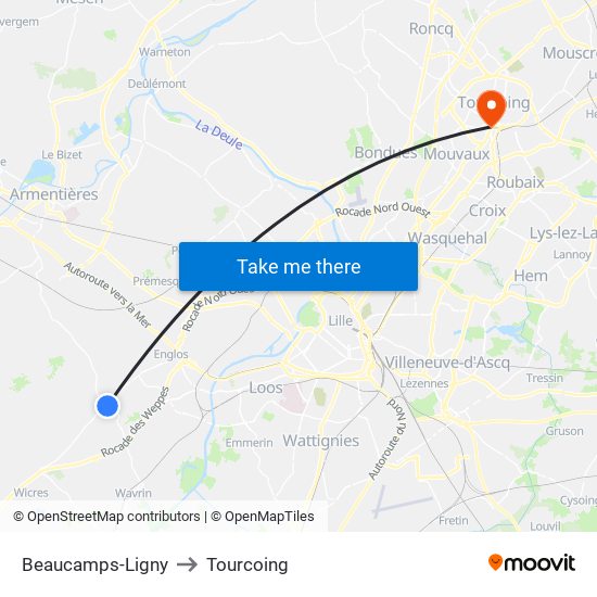 Beaucamps-Ligny to Tourcoing map