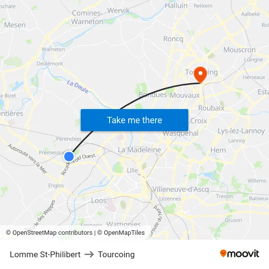 Lomme St-Philibert to Tourcoing map