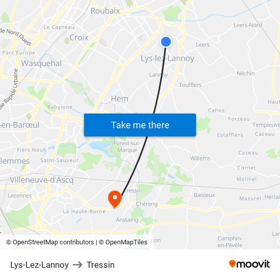 Lys-Lez-Lannoy to Tressin map