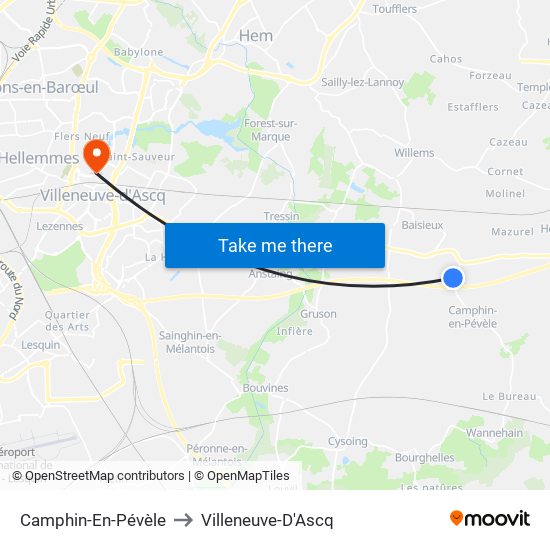 Camphin-En-Pévèle to Villeneuve-D'Ascq map