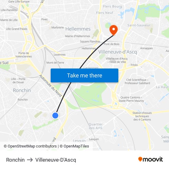 Ronchin to Villeneuve-D'Ascq map