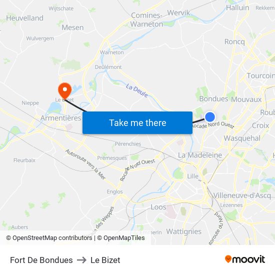 Fort De Bondues to Le Bizet map