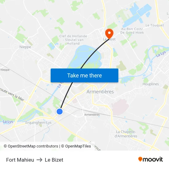 Fort Mahieu to Le Bizet map