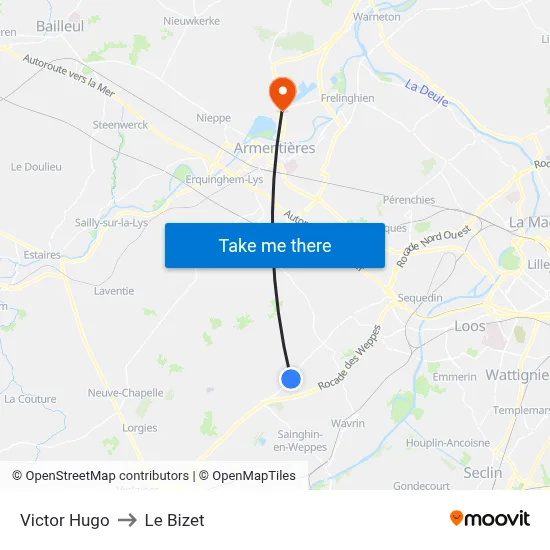 Victor Hugo to Le Bizet map
