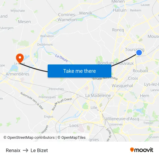 Renaix to Le Bizet map