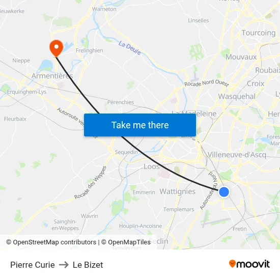 Pierre Curie to Le Bizet map