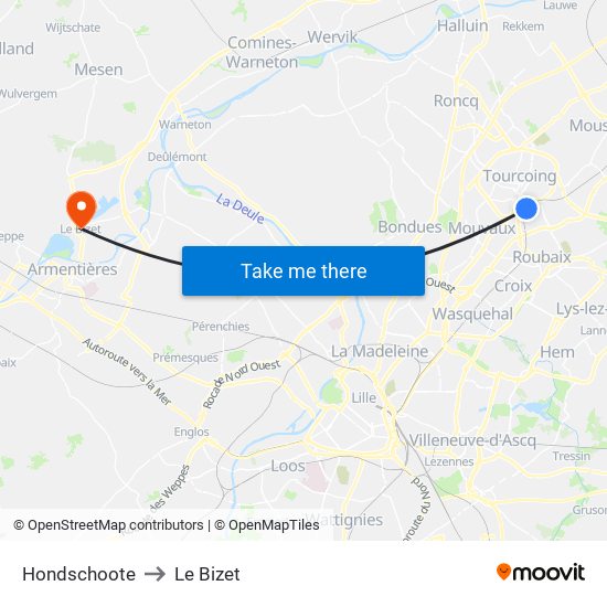 Hondschoote to Le Bizet map
