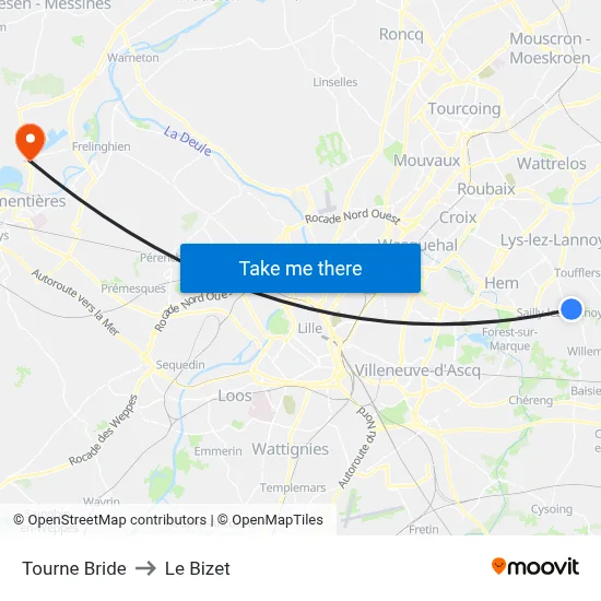 Tourne Bride to Le Bizet map