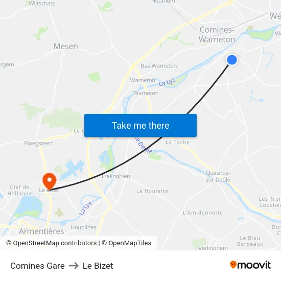 Comines Gare to Le Bizet map
