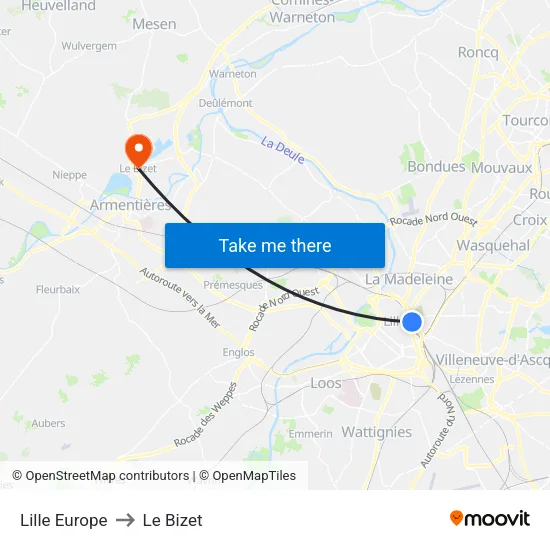 Lille Europe to Le Bizet map