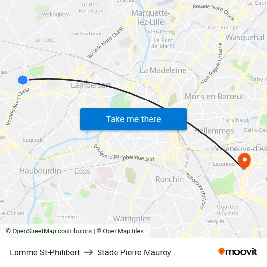 Lomme St-Philibert to Stade Pierre Mauroy map