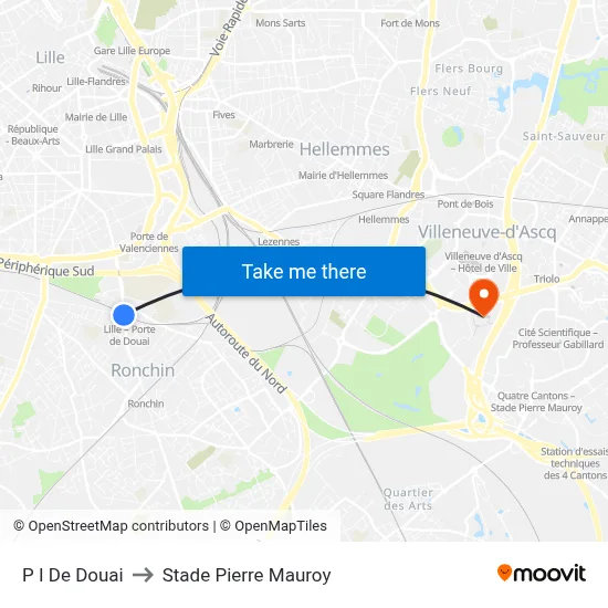 P I De Douai to Stade Pierre Mauroy map