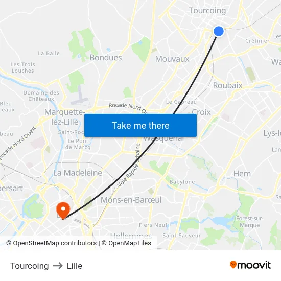 Tourcoing to Lille map
