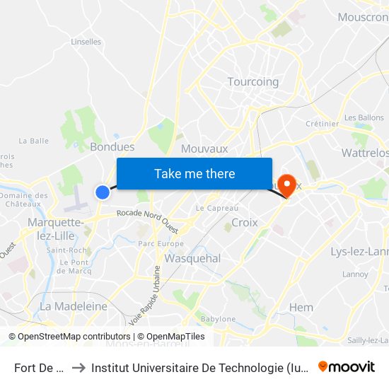 Fort De Bondues to Institut Universitaire De Technologie (Iut) - Site Rond-Point De L'Europe map