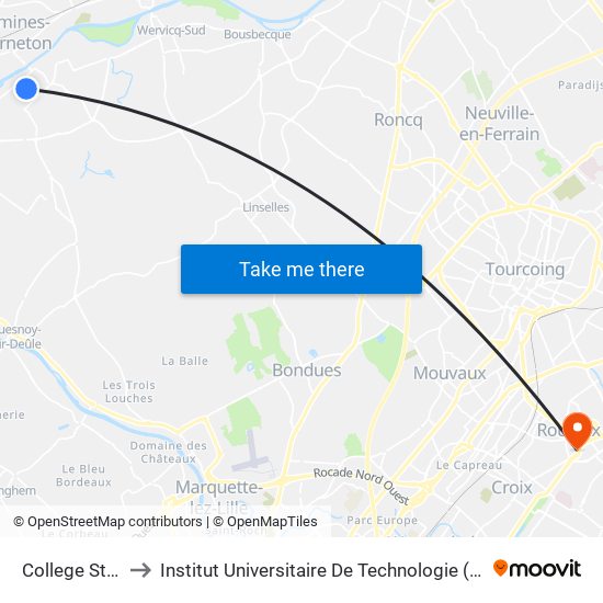 College St Joseph (F) to Institut Universitaire De Technologie (Iut) - Site Rond-Point De L'Europe map