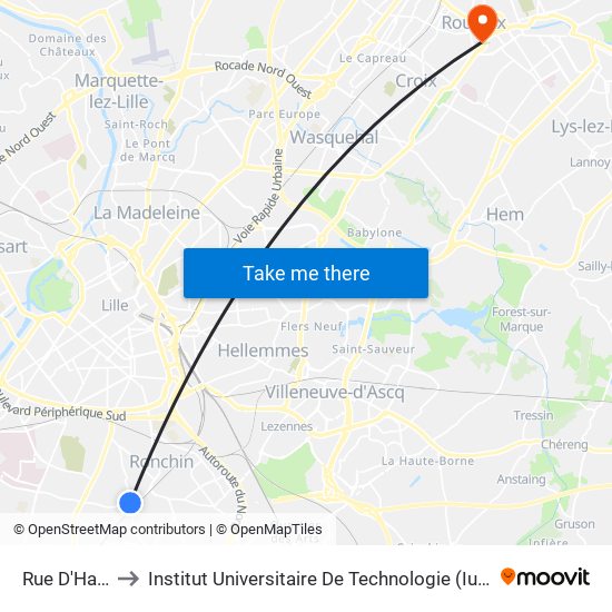 Rue D'Haubourdin to Institut Universitaire De Technologie (Iut) - Site Rond-Point De L'Europe map