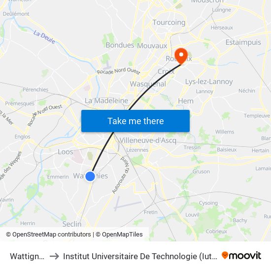 Wattignies Blum to Institut Universitaire De Technologie (Iut) - Site Rond-Point De L'Europe map