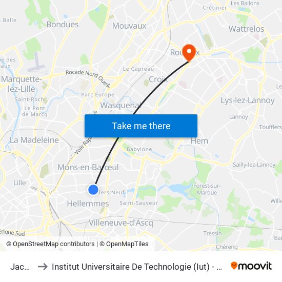 Jacquard to Institut Universitaire De Technologie (Iut) - Site Rond-Point De L'Europe map