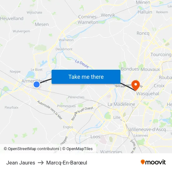 Jean Jaures to Marcq-En-Barœul map