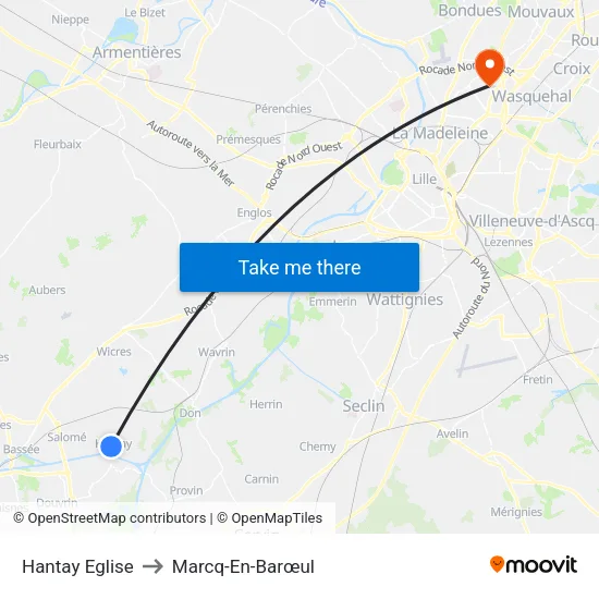 Hantay Eglise to Marcq-En-Barœul map