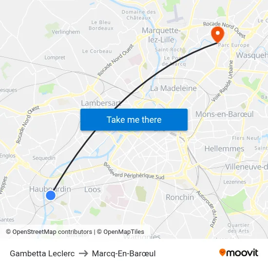 Gambetta Leclerc to Marcq-En-Barœul map