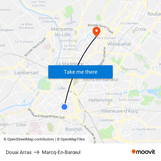 Douai Arras to Marcq-En-Barœul map