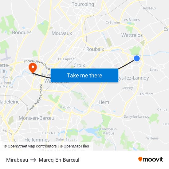 Mirabeau to Marcq-En-Barœul map