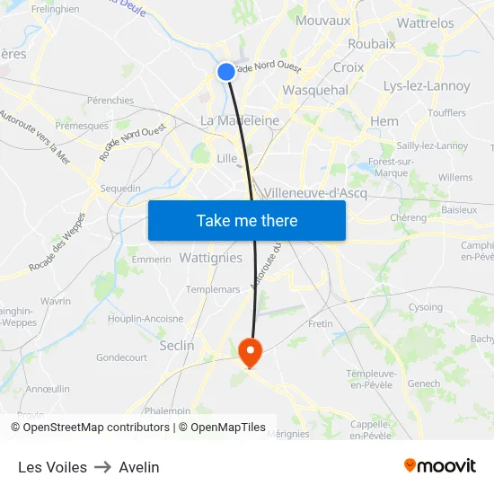 Les Voiles to Avelin map