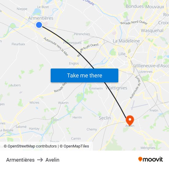Armentières to Avelin map