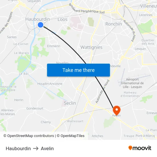 Haubourdin to Avelin map