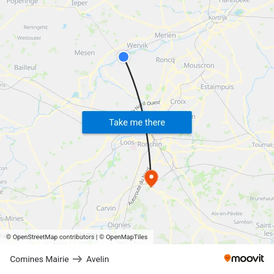 Comines Mairie to Avelin map