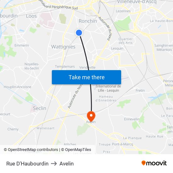 Rue D'Haubourdin to Avelin map