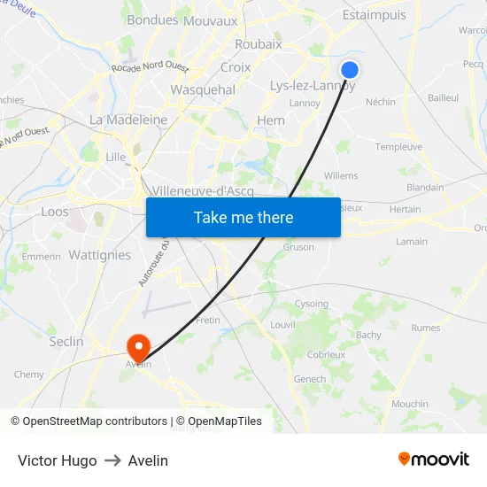 Victor Hugo to Avelin map