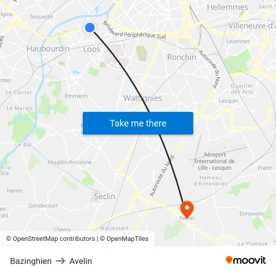Bazinghien to Avelin map