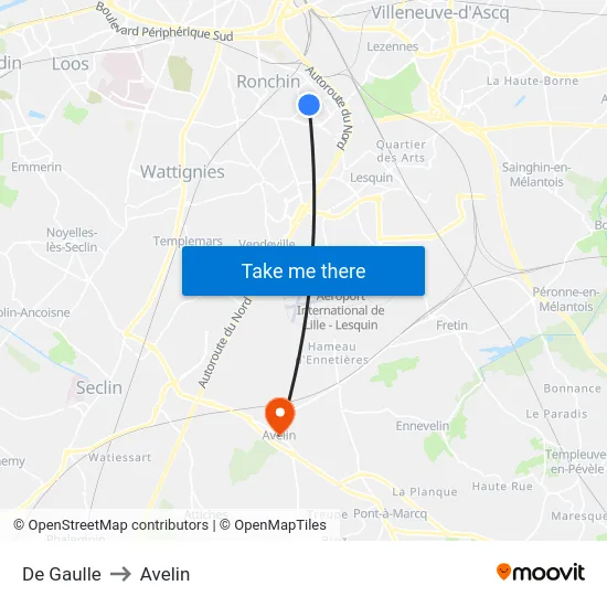 De Gaulle to Avelin map