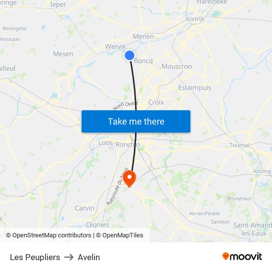 Les Peupliers to Avelin map