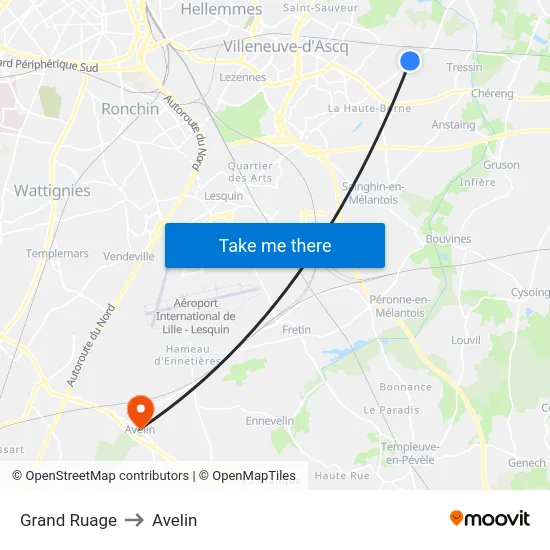 Grand Ruage to Avelin map