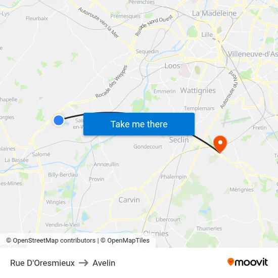 Rue D'Oresmieux to Avelin map