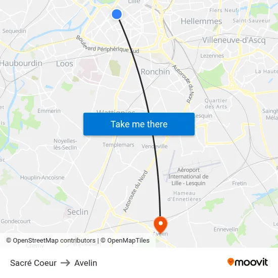 Sacré Coeur to Avelin map