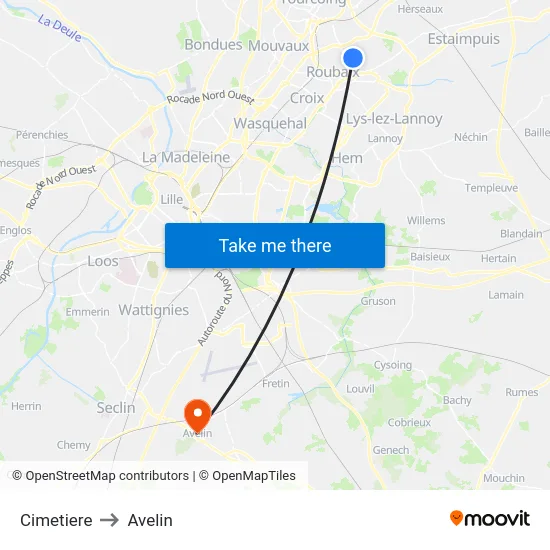 Cimetiere to Avelin map