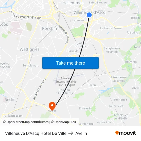 Villeneuve D’Ascq Hôtel De Ville to Avelin map