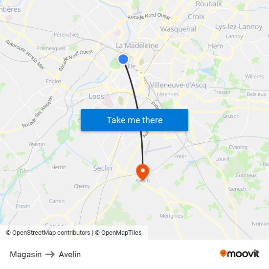 Magasin to Avelin map