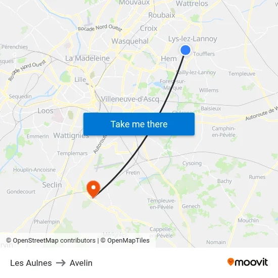 Les Aulnes to Avelin map