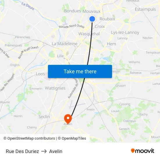 Rue Des Duriez to Avelin map